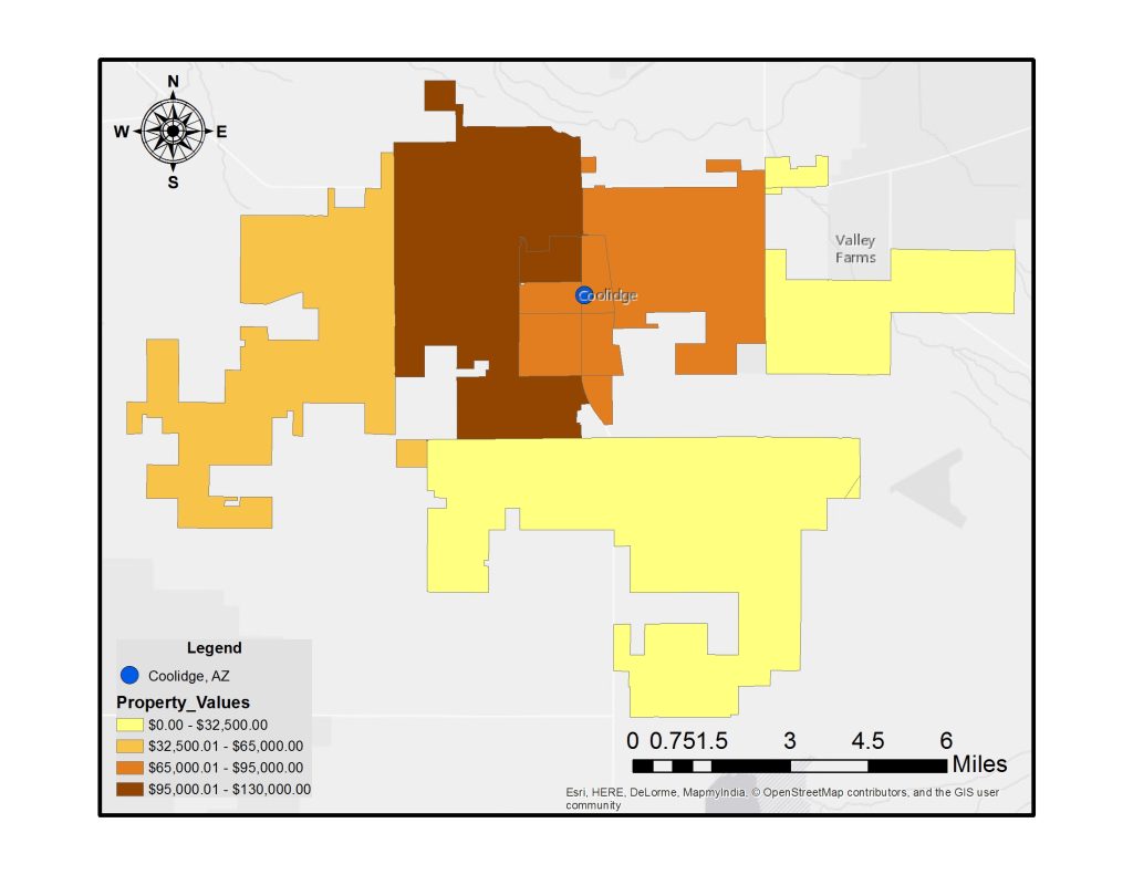 A map showing median housing values in Coolidge, AZ.