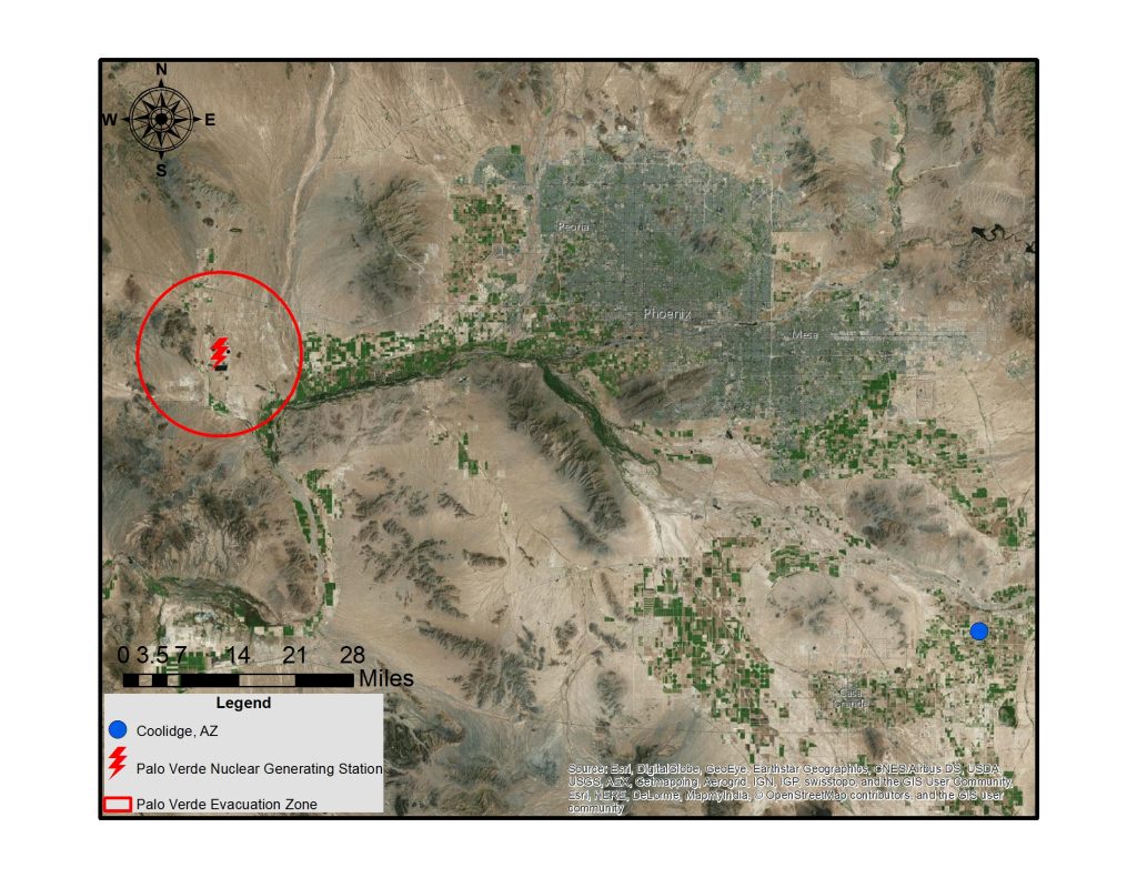 Position of Coolidge, AZ. relative to Palo Verde NGS