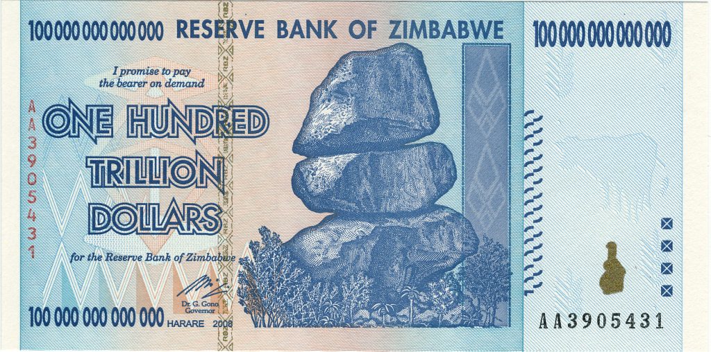 $100 Billion Zimbabwean dollars, a product of extremely high inflation- commonly known as hyperinflation.